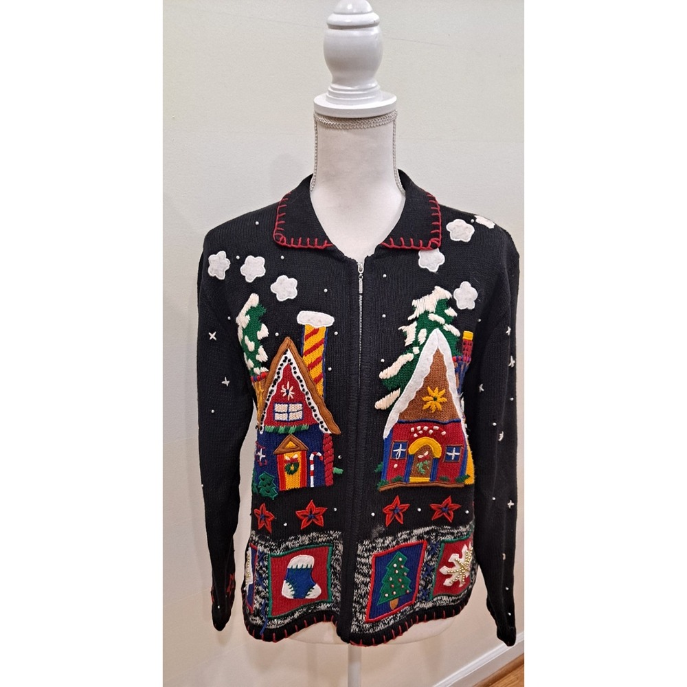 Vtg Designers Originals Studio  Embellished Xmas  Sweater P/L Gingerbread Houses